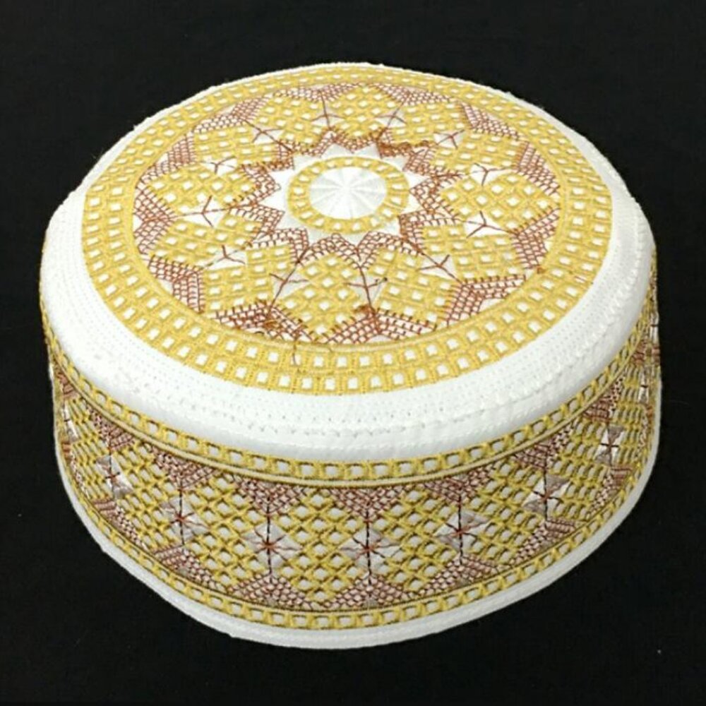 Embroidered Kufi YELLOW 58 cm Men's Muslim Islamic Prayer Cap MEDIUM/LARGE
